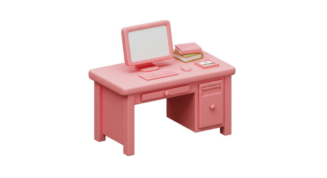 Isolated Pink Desk with Computer and Books