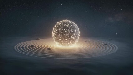 Poster - Abstract glowing sphere with rippling waves in dark space  