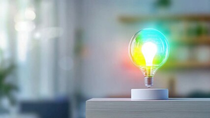 Poster - Illuminated Idea: A vibrant, glowing light bulb, radiating multicolored light, sits on a small white pedestal, symbolizing innovation and inspiration.