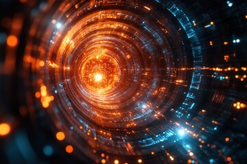 Fototapete - Digital tunnel filled with vibrant lights and particles illustrates a futuristic concept of travel and technology in a creative network