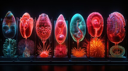 Poster - Conceptual Art Piece Showcasing the Evolution of Biofabrication Through Vibrant Biological Forms and Sculptures in a Futuristic Display