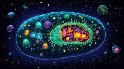 Poster - Cross Section of a Spaceborne Microorganism Revealing Intricate Structures and Vibrant Details in a Cosmic Environment