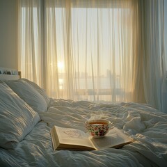 Poster - serene morning peacefulness in bed with floral teacup and book under soft natural light from window 