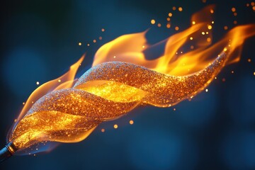 Poster - Bright golden sparkles swirl in the air as flames dance around a glowing torch at night