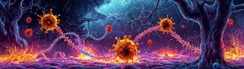 Poster - Conceptual Illustration of Human DNA Interacting with Viruses in an Abstract Biological Environment
