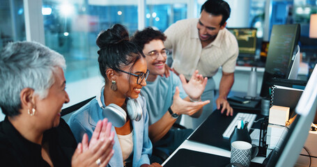 Poster - Office, computer and businesswoman with applause for achievement, motivation and coding team. Night, collaboration and programmer with success for programming goal, celebrate and excited for clapping