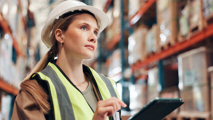Poster - Thinking, distribution and woman in warehouse, tablet and quality check with inventory. Storage, problem solving and employee in factory, tech and counting with supply chain and app for online order