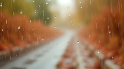 Wall Mural - Raindrops gently fall over a blurred scene of a railroad surrounded by autumn foliage. The warm colors of the leaves create a soft, peaceful atmosphere.