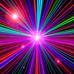 Wall Mural - Vibrant beams of multicolored light radiate from a central point, creating a dynamic starburst effect. Intense pink light dominates the center, while hues like blue, red, and green spread outward