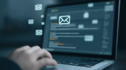 Poster - Email Communication: A laptop displays an inbox with glowing email symbols, representing modern online communication. A person's hand gently touches the laptop, navigating through messages.