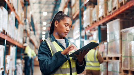 Poster - Woman, scroll on tablet and shipping at warehouse, logistics inspection or delivery for inventory management. Cargo, freight or supply chain with digital checklist, tech and stock check at plant