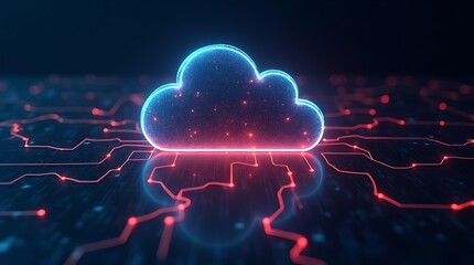 Aufkleber - Abstract cloud icon with glowing circuit paths represents cloud computing, network connection, data storage, and digital technology concepts for online services.