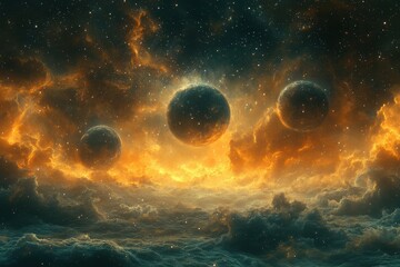 Poster - Cosmic scene featuring multiple planets surrounded by vibrant clouds and stars in an expansive universe