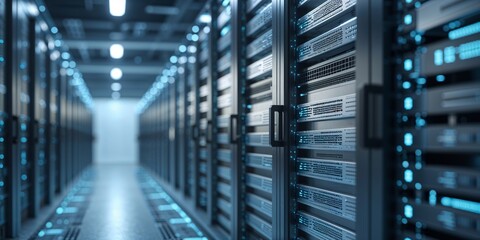 Poster - Modern data center with rows of servers illuminated by blue lights in a high-tech environment