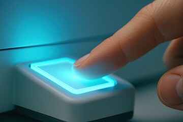 Poster - Finger Pressing Modern Touch Button with Blue Glow in a Technology Environment