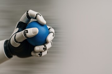 Poster - Futuristic Robotic Hand Holding a Blue Rubber Ball on a Blurred Background