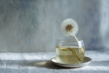 Aufkleber - dandelion seed head in a glass of herbal tea evokes peacefulness and simple beauty against a blurry 