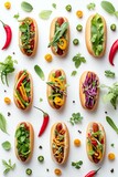 A flat lay set of diffrent hotdogs with various ingredients and herbs 