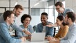 © Muhammad Shoaib - a group of diverse people meeting in a modern office, smiling and collaborating on a project, businesspeople, office environment, computer, desk, windows, bright, well-lit, warm tones