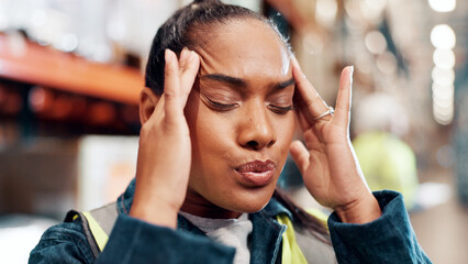 Poster - Woman, face and headache with burnout at warehouse, shipping stress or mistake with pain. Logistics fail, error or fatigue with female person, migraine and overwhelmed with pressure at factory
