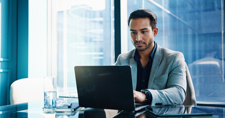 Aufkleber - Finance, laptop and typing with business man in office of investment firm for portfolio growth. Computer, money and wealth with serious broker in corporate workplace for planning, research or trading