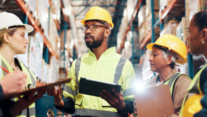 Aufkleber - Logistics, tablet and team in warehouse, clipboard or quality check with planning for inventory. Group, manufacturing or people in factory, tech or advice for inspection, distribution or supply chain