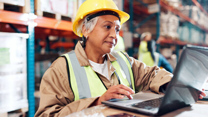 Poster - Woman, laptop and report for logistics at warehouse with review for order, info and inventory management. Mature person, pc and scroll for shipping, distribution or supply chain at industrial plant