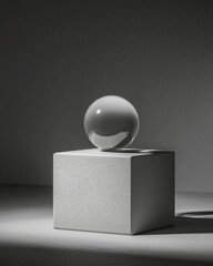 Poster - Glass sphere concrete cube minimalistic monochrome geometric shadow modern abstract art