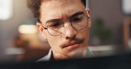 Fototapete - Thinking, laptop and man in home for remote work, startup business and freelance career for planning. Professional, solution and person on computer for reading website, project report and research