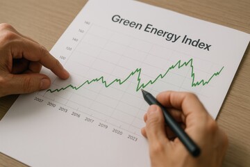 Poster - Green Energy Index Analysis with Graph and Hands Pointing at Data Trends and Growth Over Time