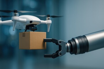 Poster - Drone Delivery System with Robotic Arm Handling Package in Modern Warehouse Environment