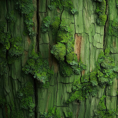Poster - Tree bark covered in lush green moss, textured surface, natural pattern, close up, organic, peaceful