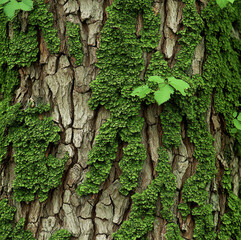 Poster - Tree bark covered in lush green moss, textured surface, natural pattern, vibrant, close up, outdoors