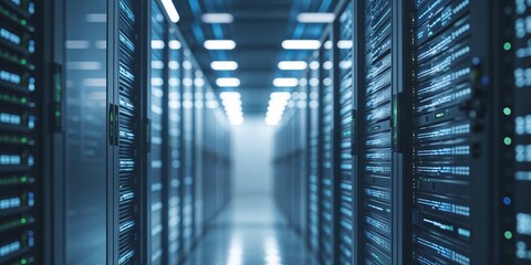 Poster - Modern data center with rows of servers illuminated by bright overhead lights during a daytime operation