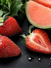 Aufkleber - Fresh strawberry watermelon juicy red fruit closeup water drops summer healthy snack