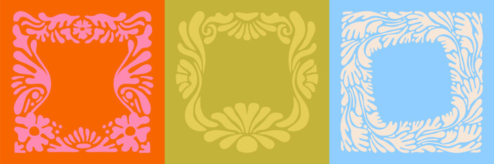 Fototapete - Vector illustration in simple naive and hippie groovy style, flowers and plants, floral botanic hand drawn design templates, frames and modern art prints, posters and placards with copy space
