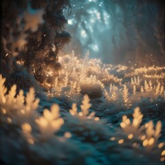 Wall Mural - Glowing plants illuminate a mystical forest scene, creating an enchanting and otherworldly atmosphere. Soft, ethereal light filters through dense, shadowy trees