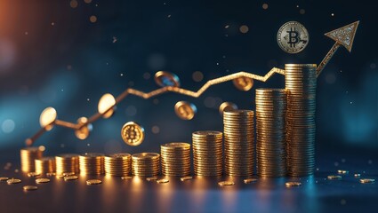 Poster - Cryptocurrency market growth illustrated with rising stacks of coins and Bitcoin value trajectory