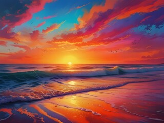 Wall Mural - Vivid colors fill the sky as the sun sets over a tranquil ocean, casting a warm glow over the gentle waves. The horizon is painted with rich hues of orange, pink, and blue