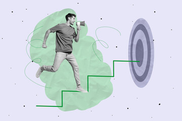 Aufkleber - Composite art 3d creative image collage of happy businessman run career ladder development target achievement goal progress