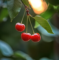 Aufkleber - Three ripe maraschino cherries hanging on branch with green leaves, sunlight in background, fresh and vibrant