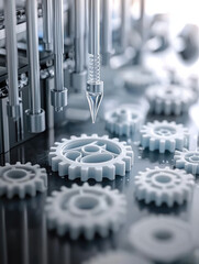 Aufkleber - 3D printer nozzle printing white plastic gear, advanced technology, precision engineering, innovation, industrial