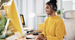 © BuyOutFelix02/peopleimages.com - Call center, representative and woman with headset, online and review of sales on computer or smile. Telemarketing, agent and person with tech for communication, happy or employee with info on web