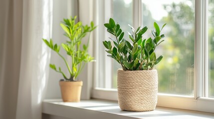 Poster - bright indoor plant arrangement near a window showcasing vibrant green foliage in cozy living space 