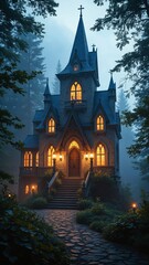 Poster - Enchanted Gothic Structure Illuminated by Warm Light in a Mystical Forest Setting