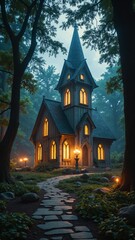 Poster - Enchanted Gothic Structure Illuminated by Warm Light in a Mystical Forest Setting