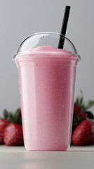Poster - Pale pink strawberry milk, plastic cup, condensation, black straw, fresh strawberries, refreshing drink
