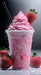 Aufkleber - Pale pink strawberry milk cold drink plastic cup whipped cream fresh strawberry dessert sweet pale pink strawberry milk drink