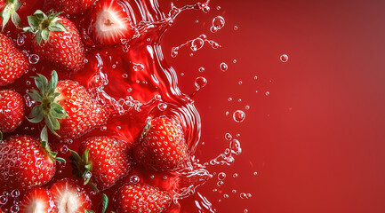 Poster - Fresh strawberry water splash red background juicy ripe vibrant healthy delicious refreshing