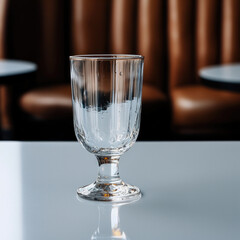 Poster - Clear glass, empty goblet, reflective table, modern cafe, brown leather seat, vertical lines, elegant style